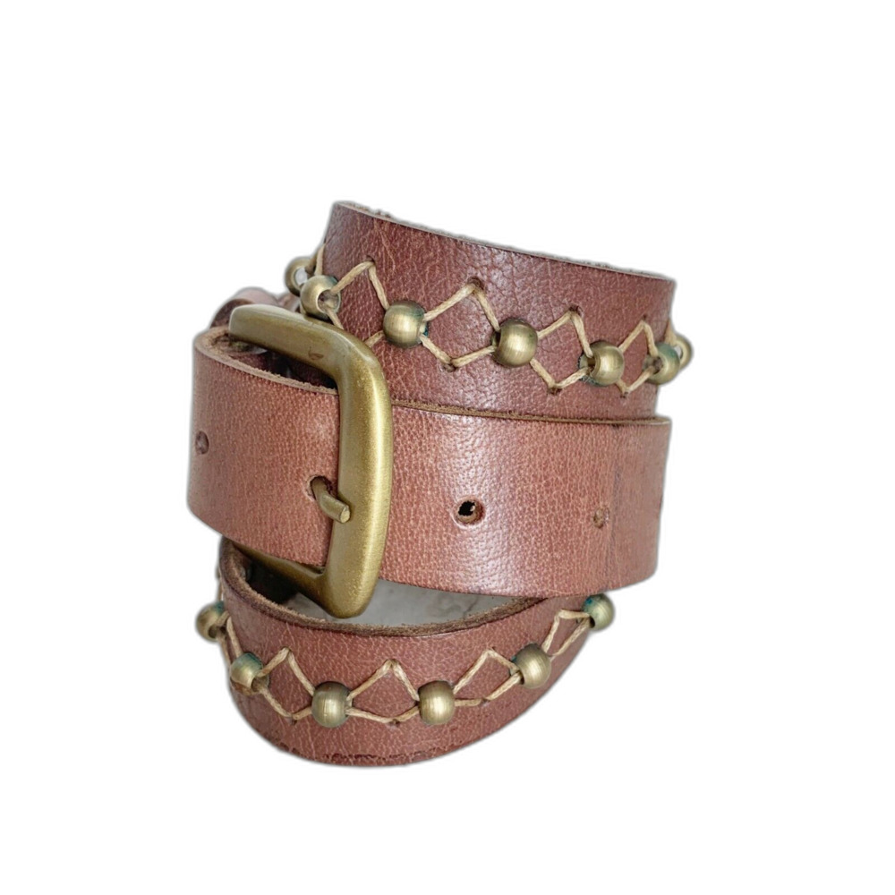 Brown Sturdy Harness Leather Belt Womens Size M Embroidered Beaded Boho - Picture 2 of 8